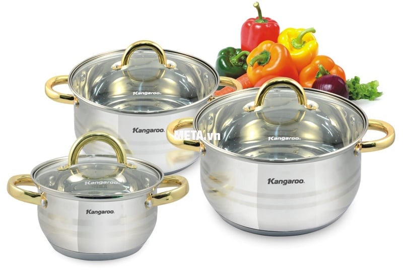 Bộ nồi đáy 5 lớp Kangaroo KG865 gồm 3 nồi có kích thước khác nhau, cho bạn thoải mái nấu nướng. 