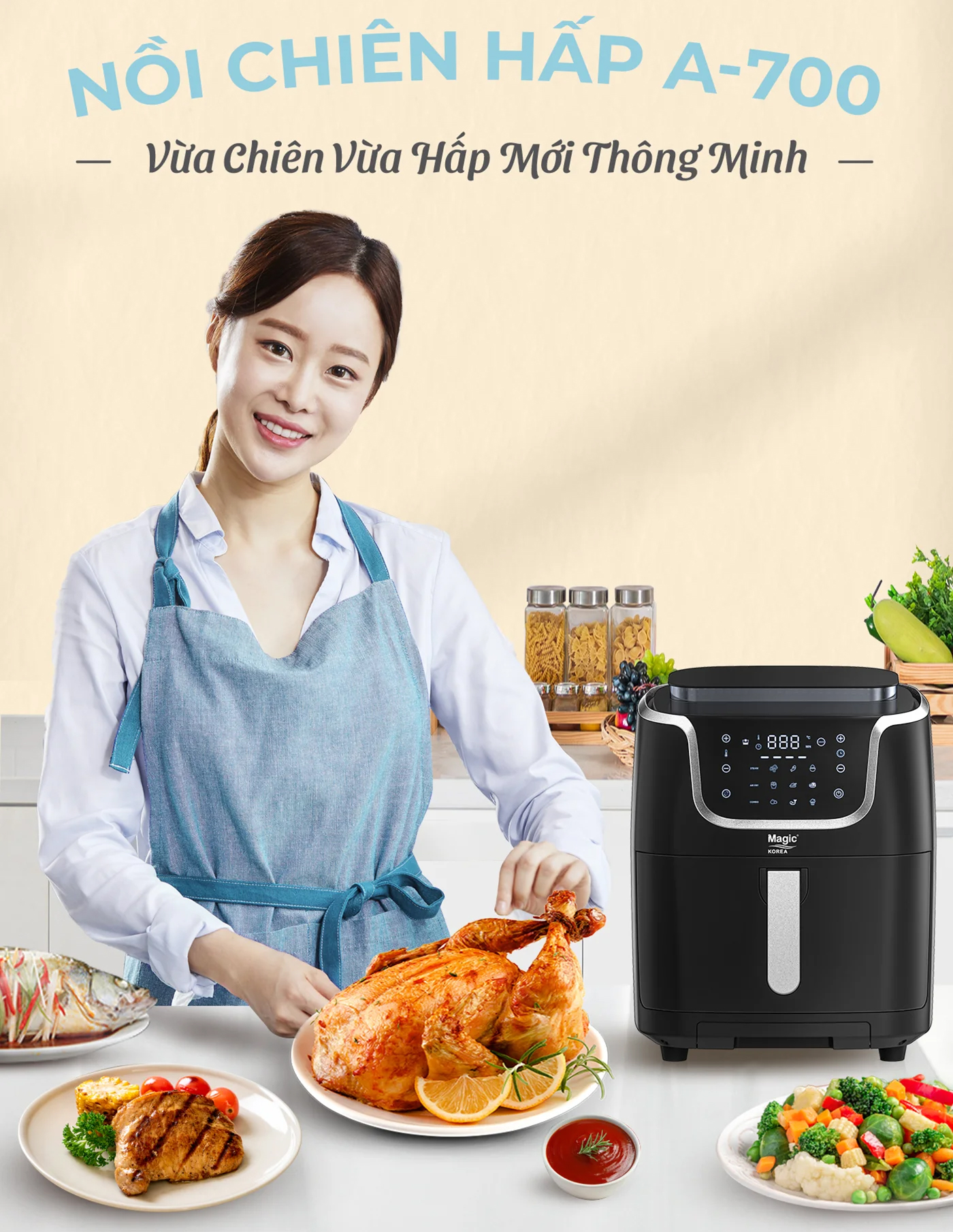 Nồi chiên không dầu kết hợp hấp Magic Korea A-700