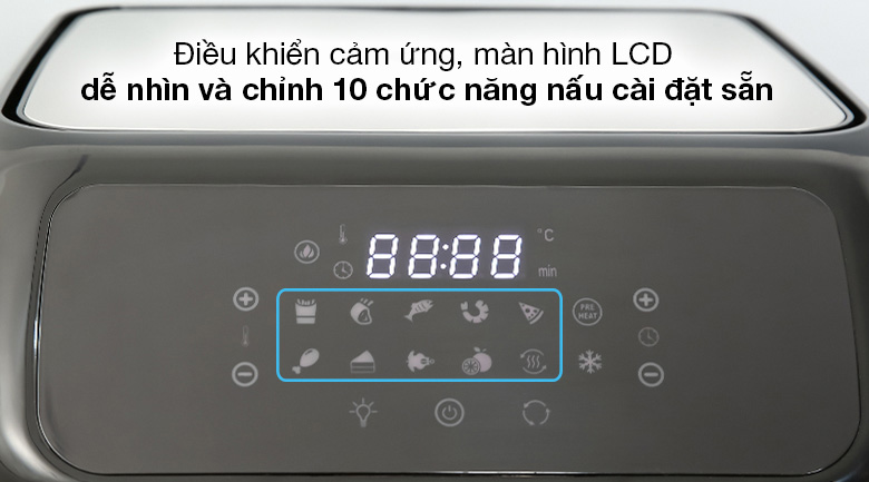 Nồi chiên không dầu Mishio MK281 12 lít được trang bị bảng điều khiển điện tử với các phím bấm cảm ứng cực nhạy