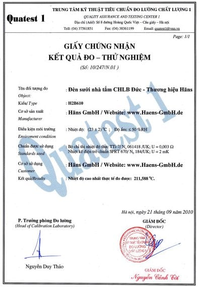 Đèn sưởi nhà tắm hồng ngoại Hans được cấp giấy chứng nhận kết quả thử nghiệm về độ an toàn.