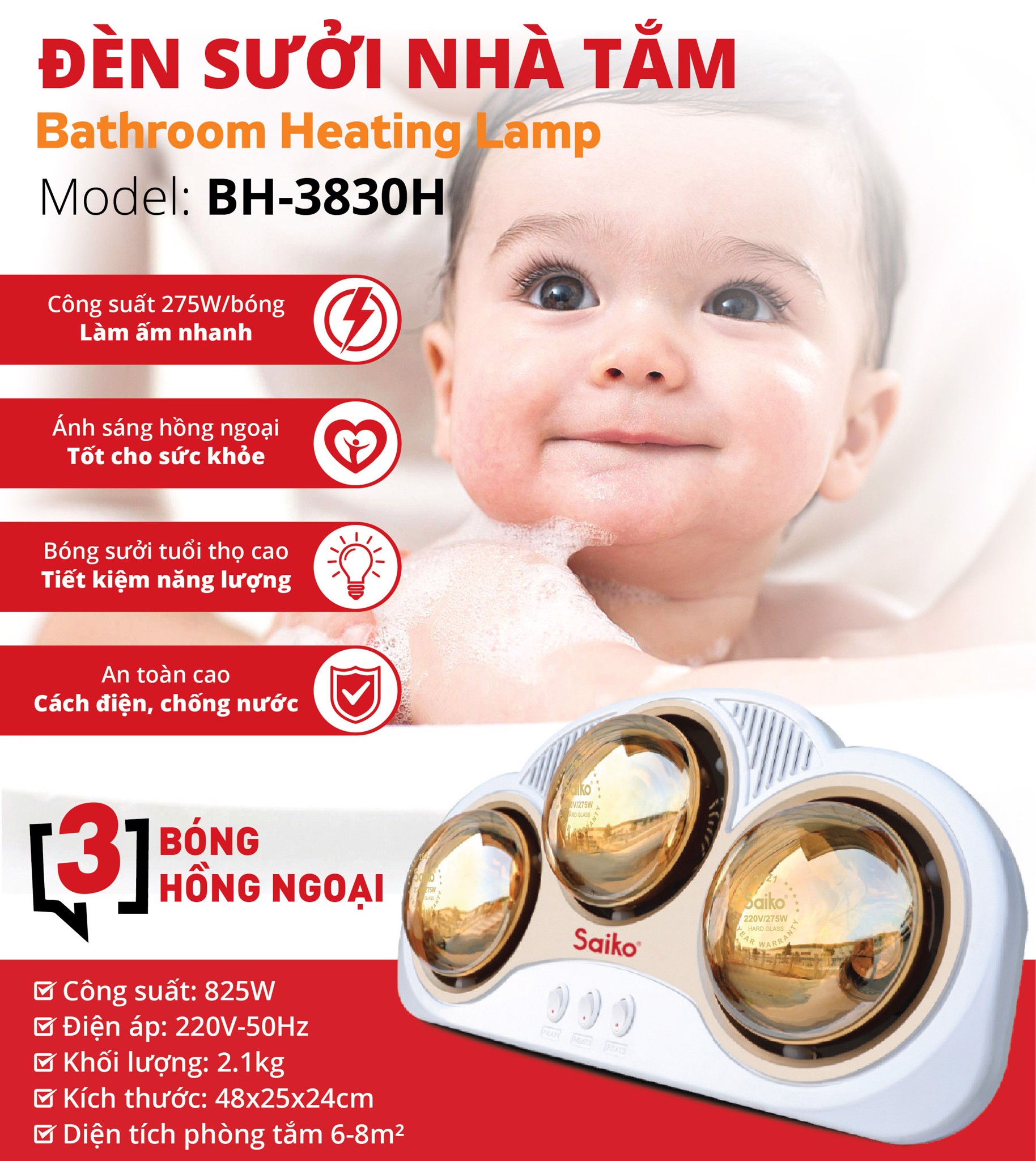 Đèn sưởi nhà tắm 3 bóng Saiko BH-3830H