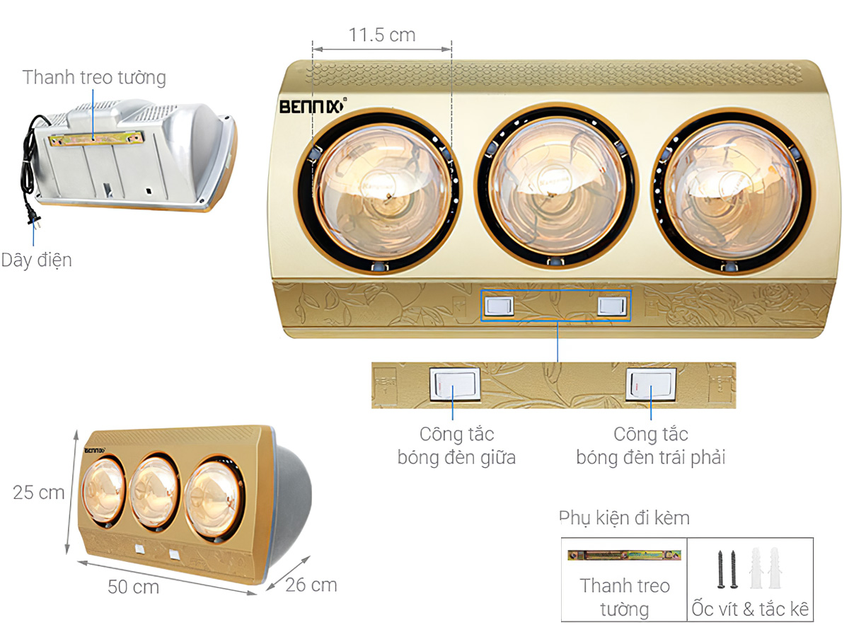 Cấu tạo của đèn sưởi nhà tắm Bennix