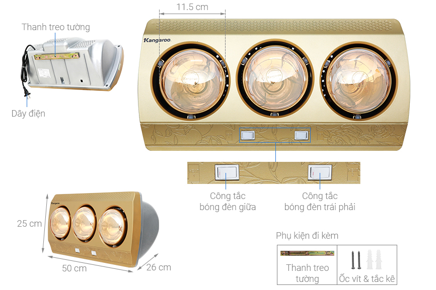 Cấu tạo và kích thước của đèn sưởi nhà tắm
