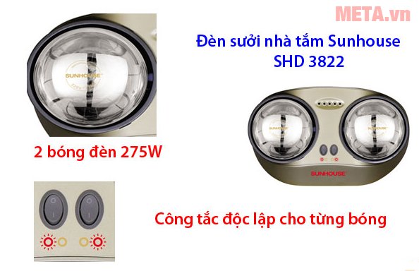 Đèn sưởi nhà tắm Sunhouse SHD3822 có công tắc độc lập cho từng bóng 