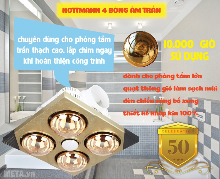 Đèn sưởi nhà tắm Kottmann 4 bóng âm tường K4BT có tuổi thọ bóng lên tới 10.000 giờ sử dụng.