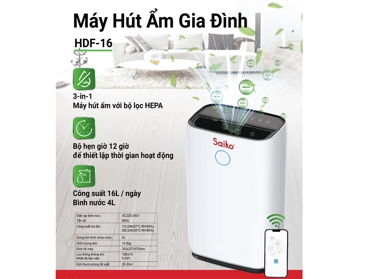 Hình ảnh máy hút ẩm gia đình Saiko HDF-16