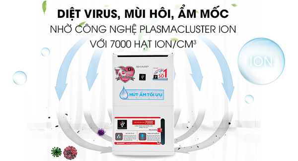 DW D12A W được tích hợp công nghệ Plasmacluster ION với mật độ ion lớn 7000 ion/cm3