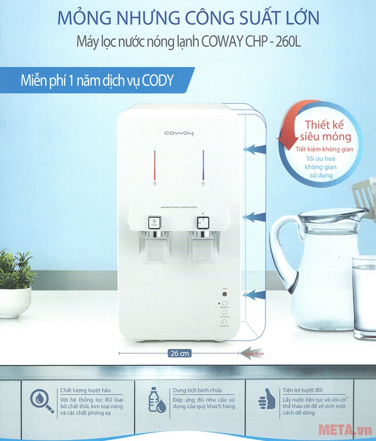 Máy lọc nước nóng lạnh Coway CHP-260L với thiết kế nhỏ gọn đem đến sự tinh tế cho không gian của gia đình.