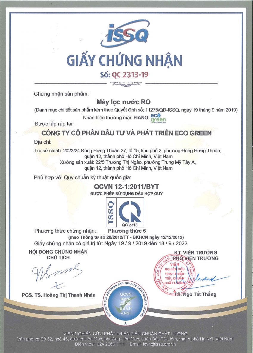 Giấy chứng nhận chất lượng của máy lọc nước Eco Green Classical