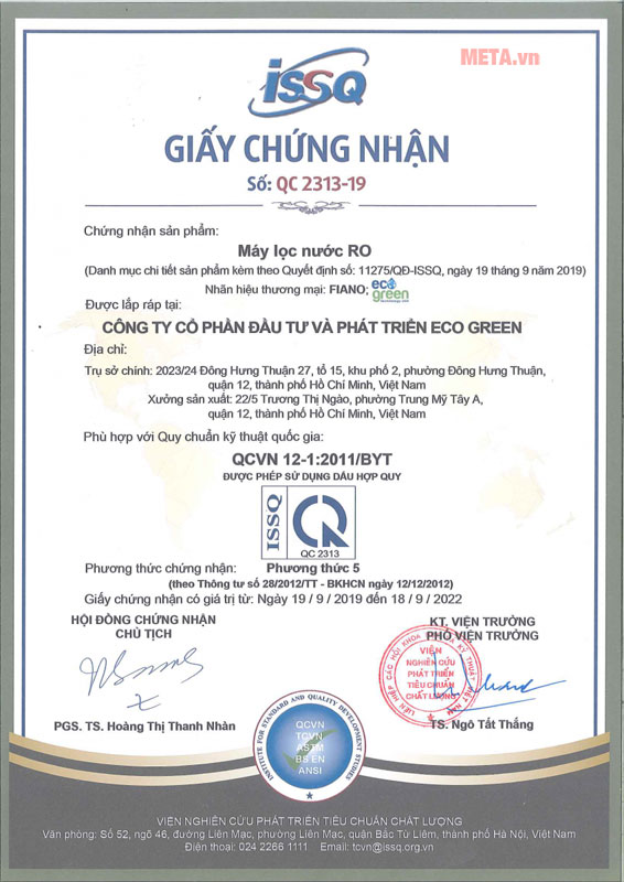 Giấy chứng nhận cho máy lọc nước RO Eco Green