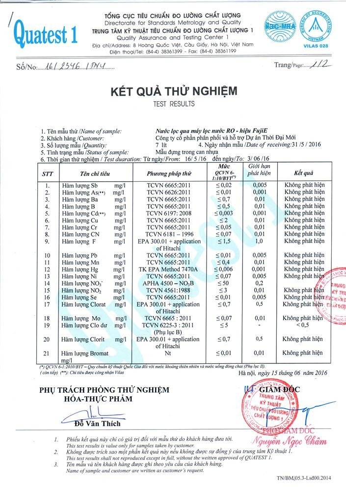 kết quả thử nghiệm máy lọc nước FujiE