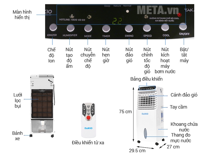 Máy làm mát không khí Daikio DK-800A lọc sạch bụi bẩn và mùi hôi khó chịu.