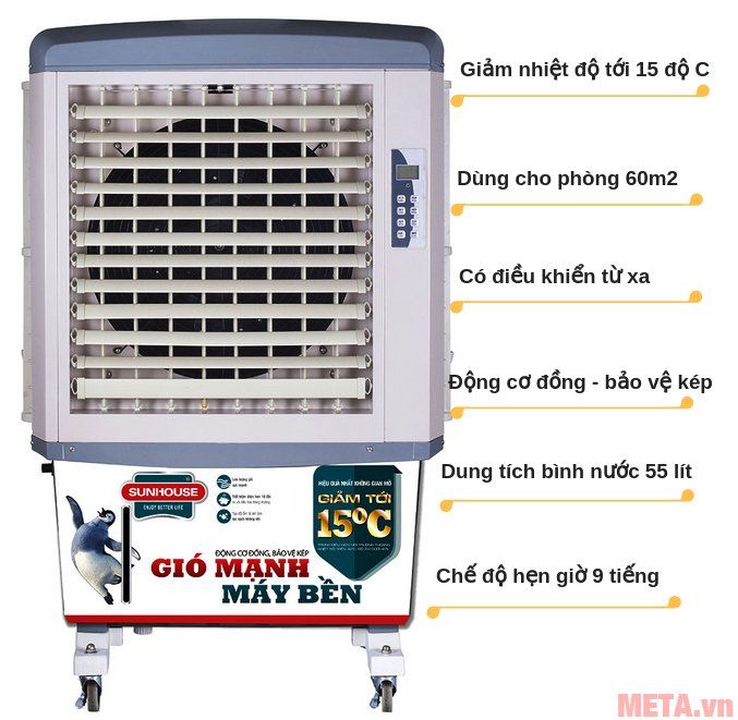 Máy làm mát không khí Sunhouse SHD7774 dễ dàng di chuyển bằng bánh xe 