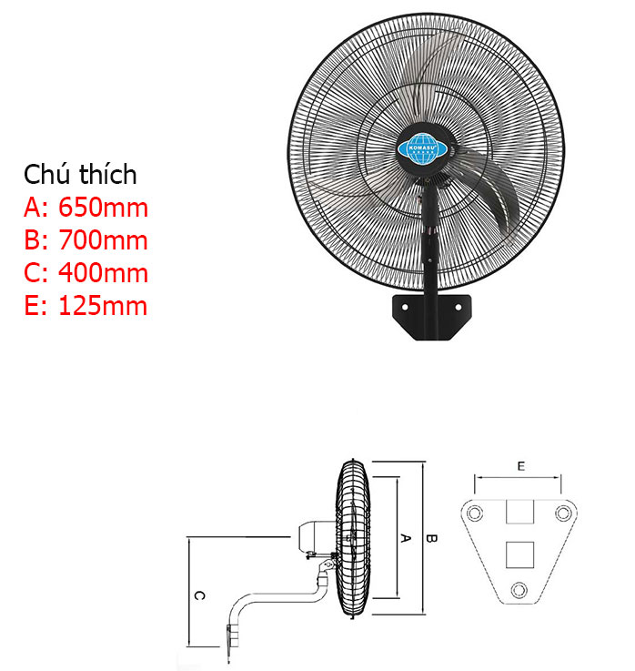 Kích thước của quạt treo tường công nghiệp