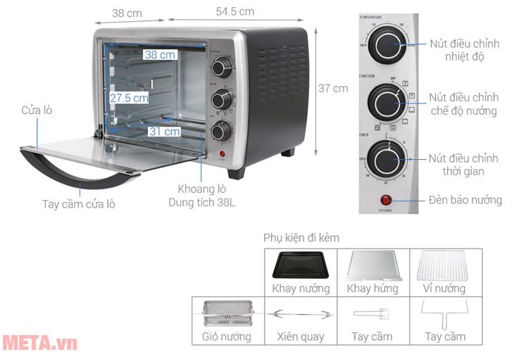 Cấu tạo các chi tiết của lò nướng Electrolux EOT38MXC (38 lít)