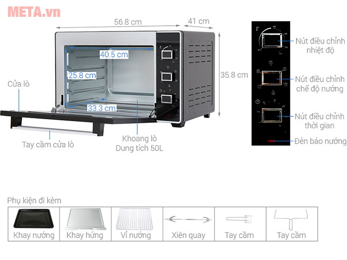 Lò nướng 50 lít Sanaky VH-5099S2D có thiết kế rộng rãi, núm vặn điều chỉnh dễ dàng