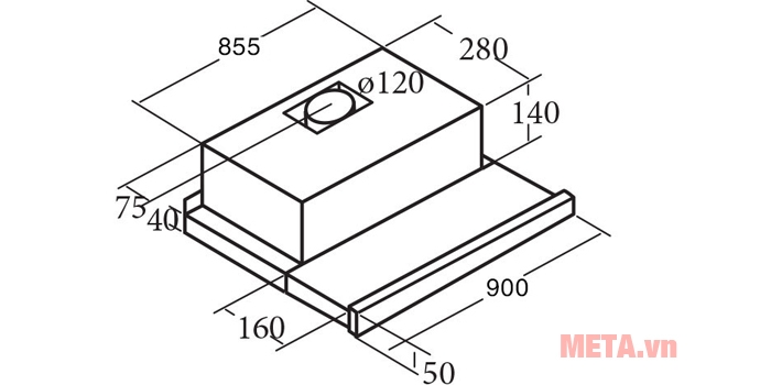 Kích thước lắp đặt máy hút mùi âm tủ Cata TF 2003 90 Duralum